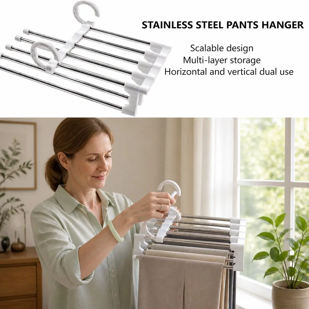 Pants Hangers Stainless Steel Adjustable 5-in-1 Non-Slip Space Saving 6 Pack