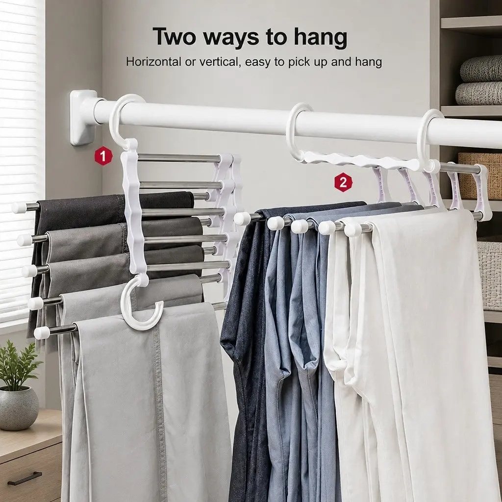 Pants Hangers Stainless Steel Adjustable 5-in-1 Non-Slip Space Saving 6 Pack