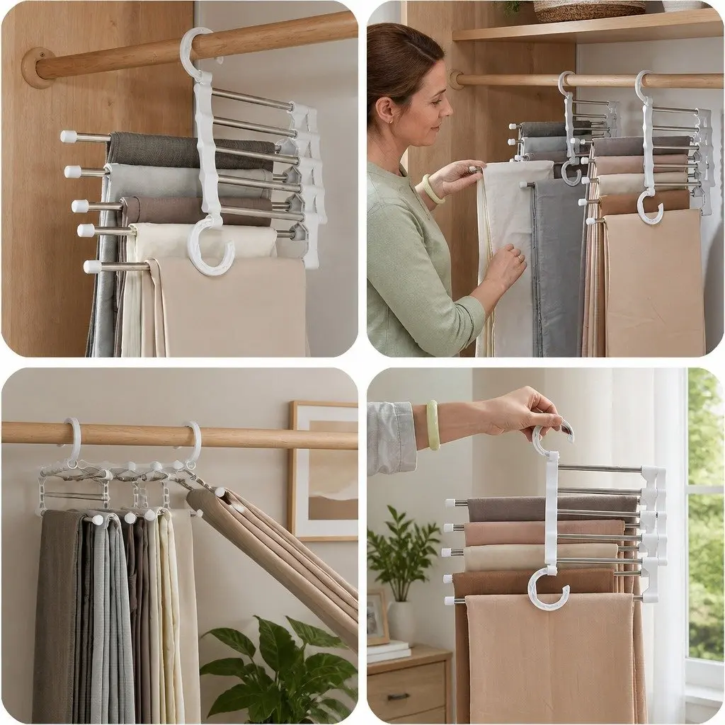 Pants Hangers Stainless Steel Adjustable 5-in-1 Non-Slip Space Saving 6 Pack