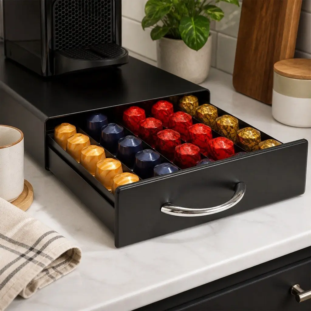 Coffee Pods Holder Black Storage Drawer Organiser for 60 Nespresso Capsules