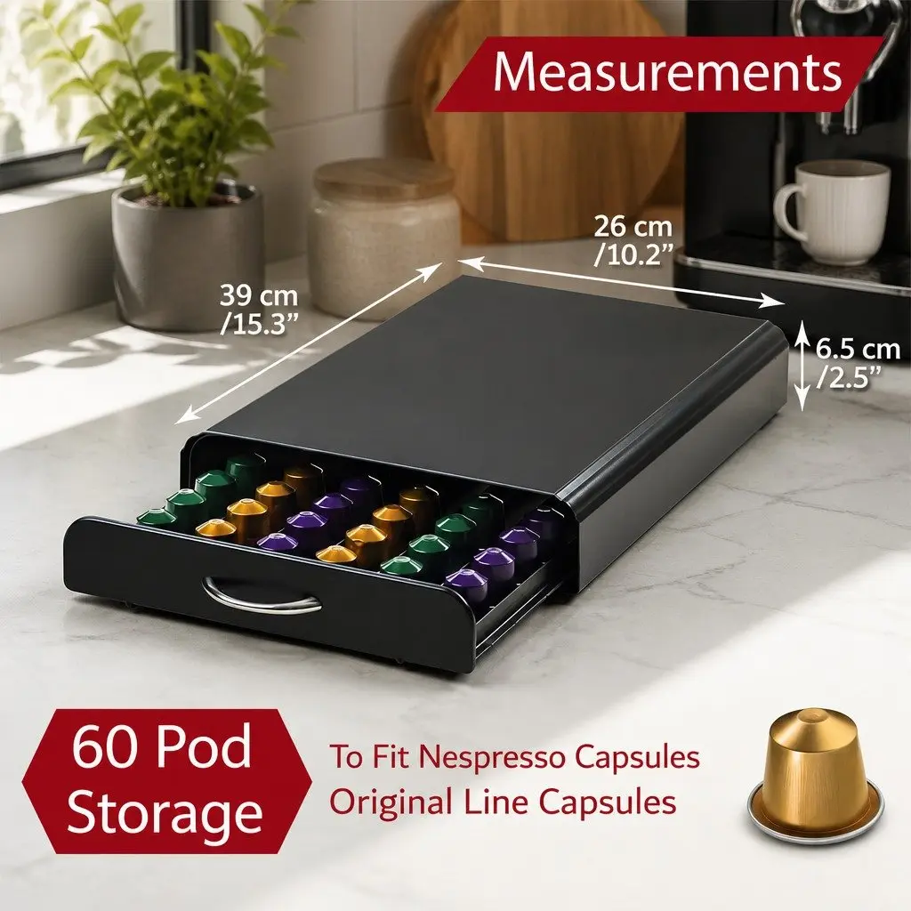 Coffee Pods Holder Black Storage Drawer Organiser for 60 Nespresso Capsules
