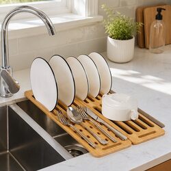 Foldable Bamboo Dish Drying Rack Over Sink Kitchen Counter Space Saver Organizer