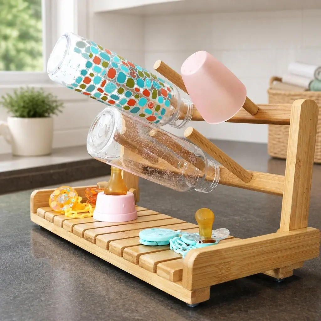 Bamboo Baby Bottle Drying Rack Compact Lightweight Organizer for Kitchen Counter