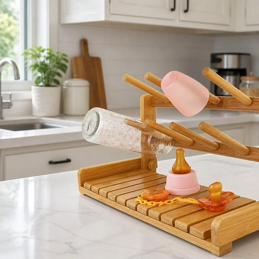 Bamboo Baby Bottle Drying Rack Compact Lightweight Organizer for Kitchen Counter