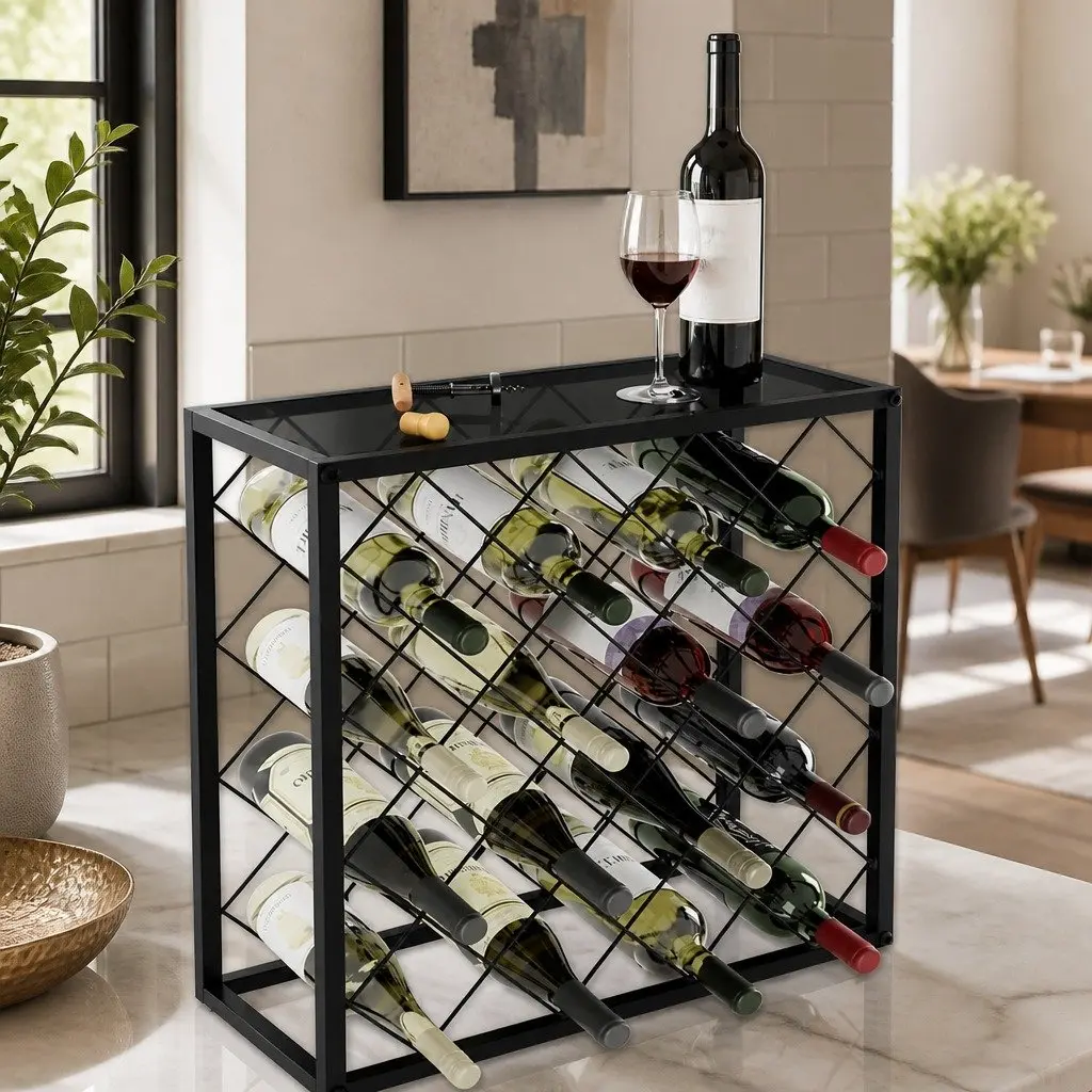 Metal Wine Rack Matte Black Freestanding 25 Bottle Capacity Horizontal Storage Organiser