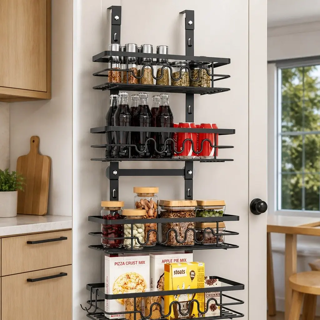 Over Door Pantry Organiser Black 4 Tier Adjustable Metal Baskets Space Saving Kitchen Storage Rack
