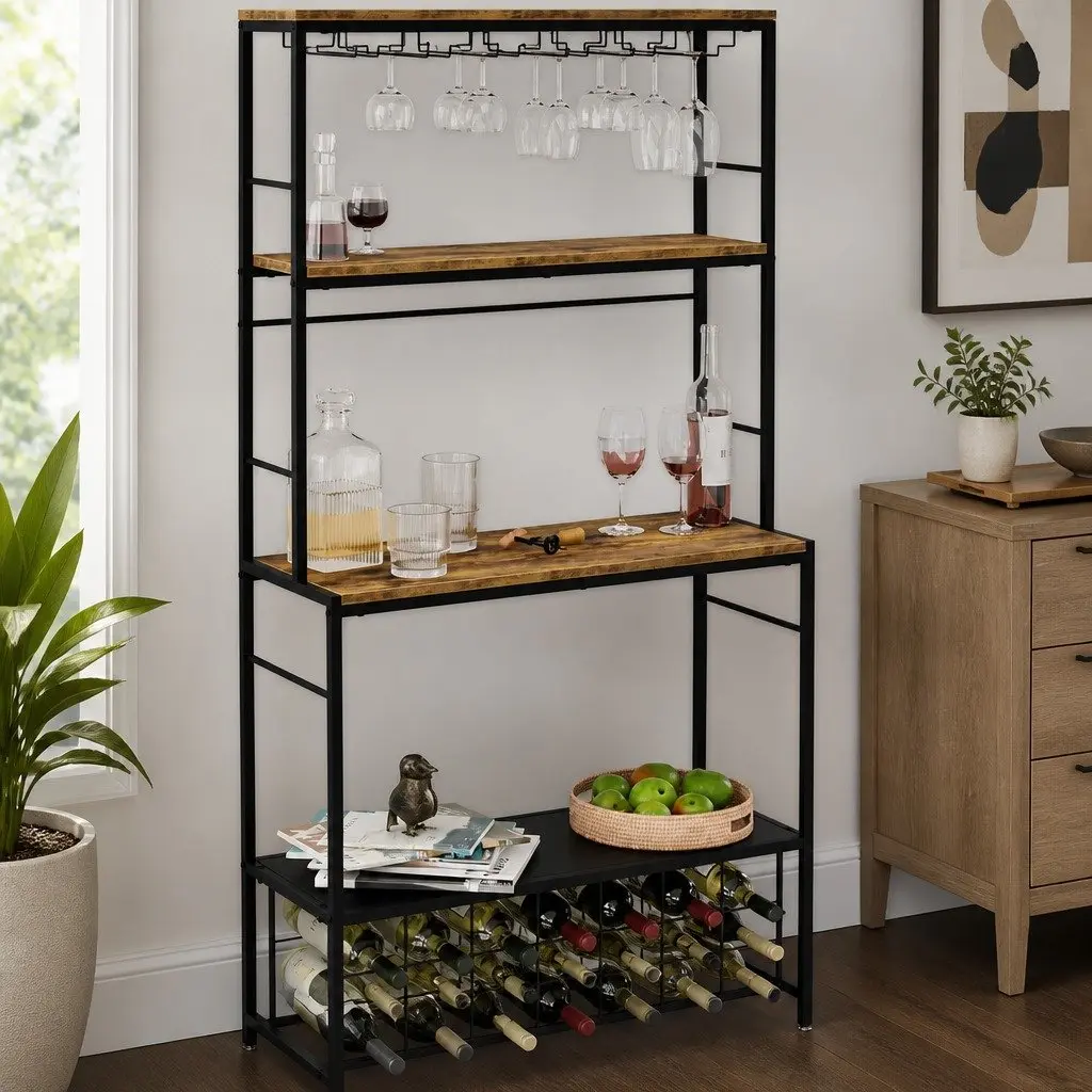Wine Rack Freestanding Wood Metal Frame 20 Bottle Storage Kitchen Bar