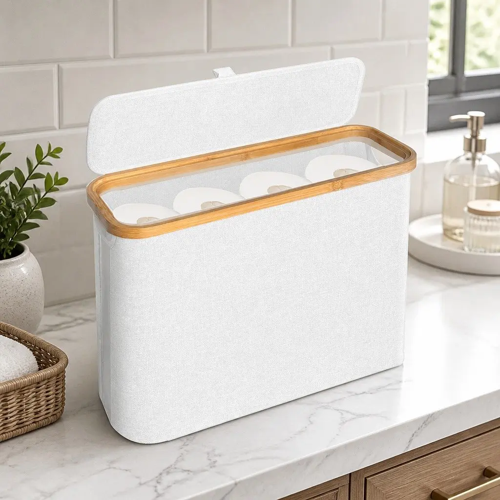 Toilet Paper Storage Basket White Compact 12 Rolls Organizer Bamboo Lid Handle