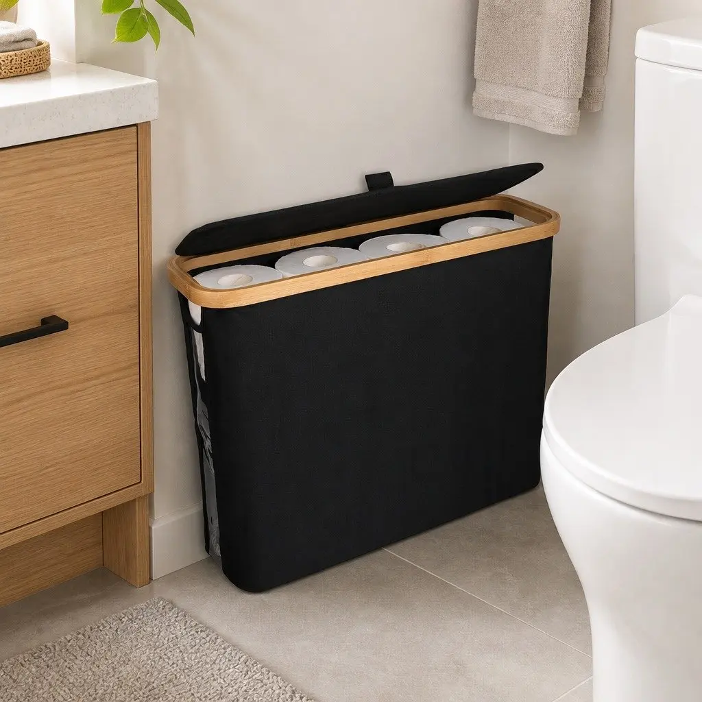Toilet Paper Storage Basket Black 12 Roll Capacity Bamboo Lid Handle