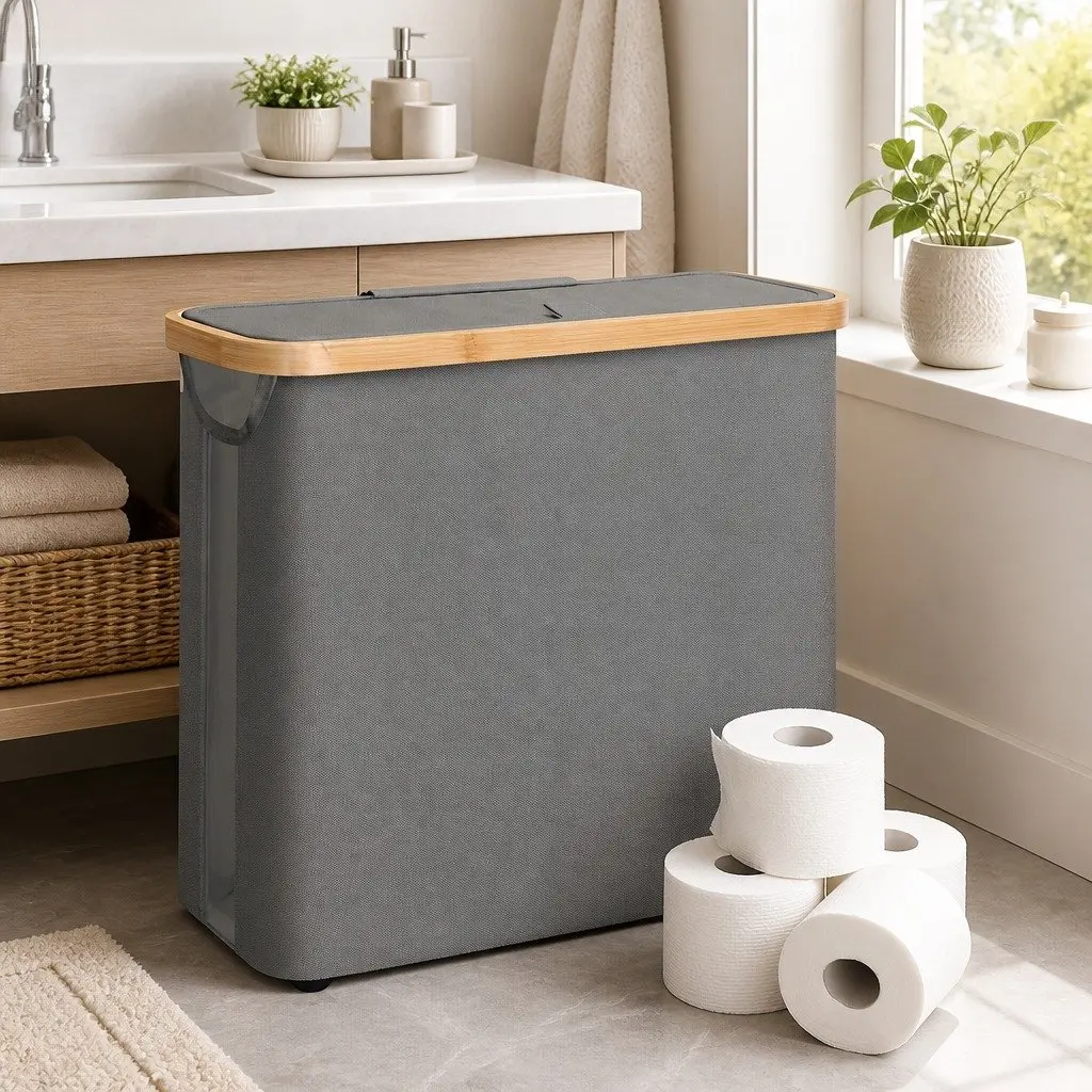 Toilet Paper Storage Basket Grey Slim Holds 12 Rolls Bamboo Lid Handle Organizer