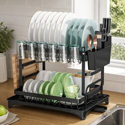 2-Tier Dish Drying Rack with Drainage Tray Utensil Holder Cup Hooks Cutting