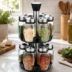 Rotating Spice Rack Organizer 16 Glass Jars Kitchen Countertop Storage