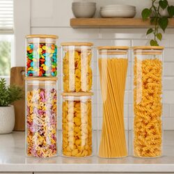 Glass Storage Jars 6 Pack Bamboo Lids Kitchen Pantry Airtight Containers