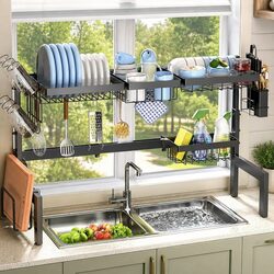 Over the Sink Dish Drying Rack Adjustable Kitchen Counter Storage Utensil Holder