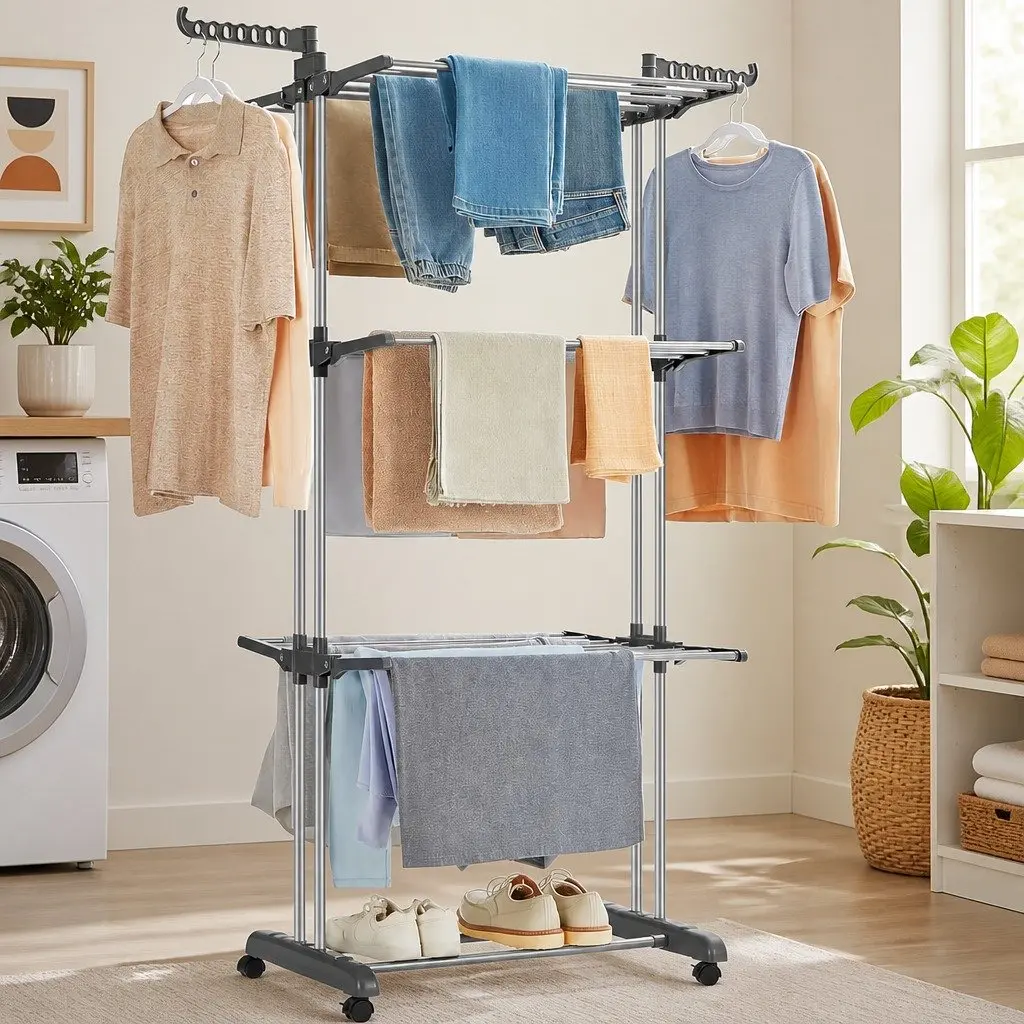 Folding Clothes Drying Rack 4-Tier with Wheels Adjustable Wings Laundry Storage
