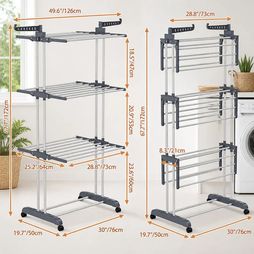 Folding Clothes Drying Rack White 4-Tier Adjustable Wings with Wheels