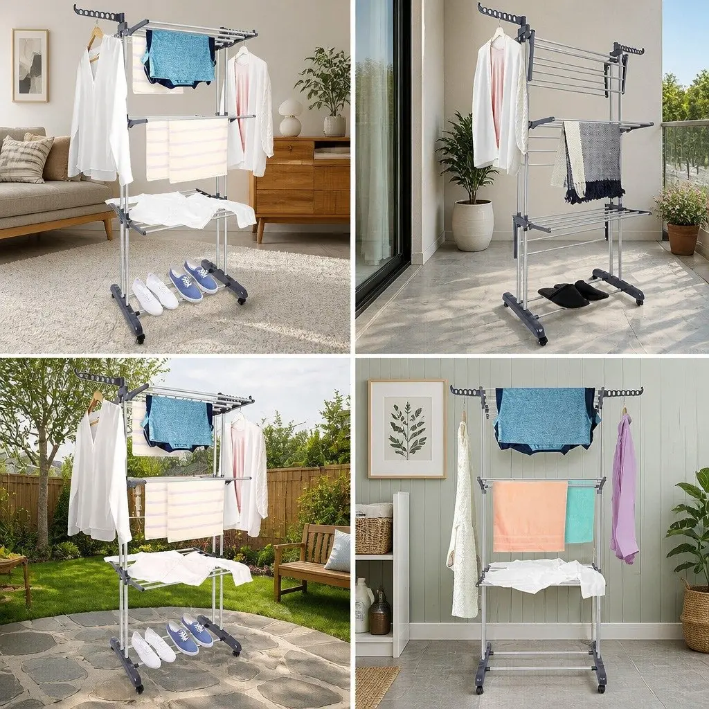 Folding Clothes Drying Rack White 4-Tier Adjustable Wings with Wheels