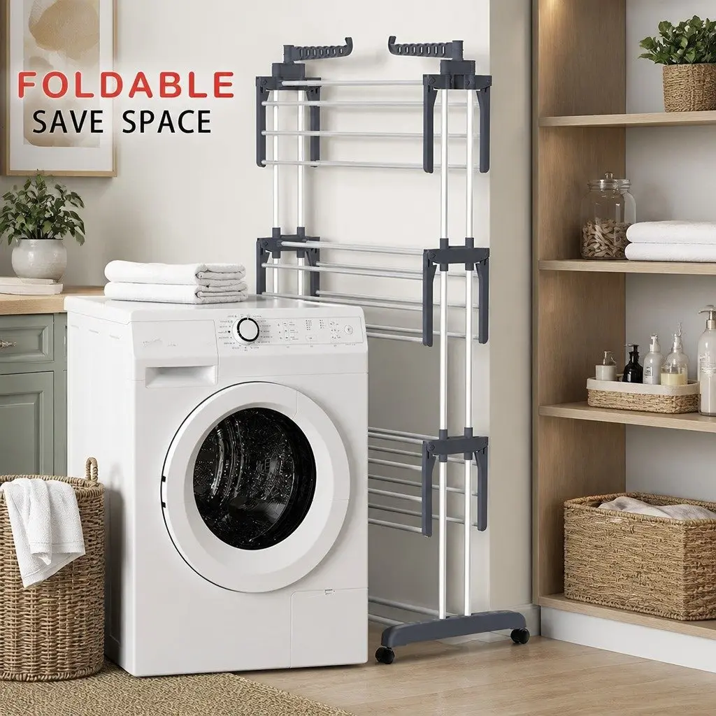 Folding Clothes Drying Rack White 4-Tier Adjustable Wings with Wheels