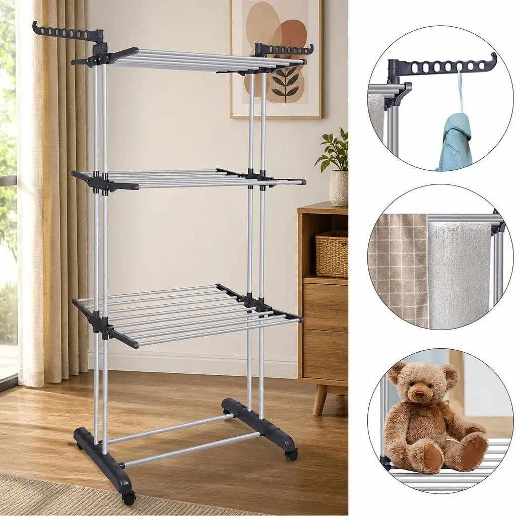 Folding Clothes Drying Rack White 4-Tier Adjustable Wings with Wheels