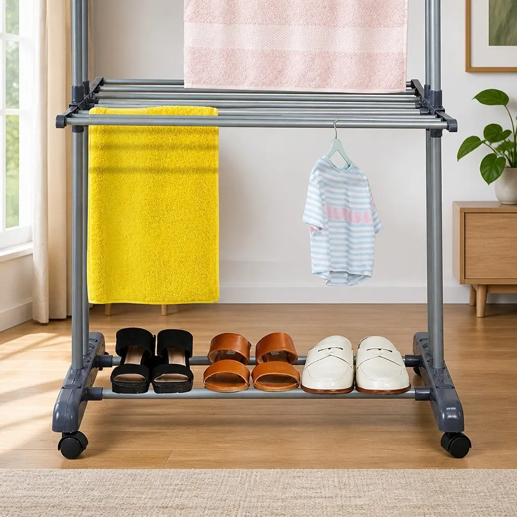 Folding Clothes Drying Rack White 4-Tier Adjustable Wings with Wheels