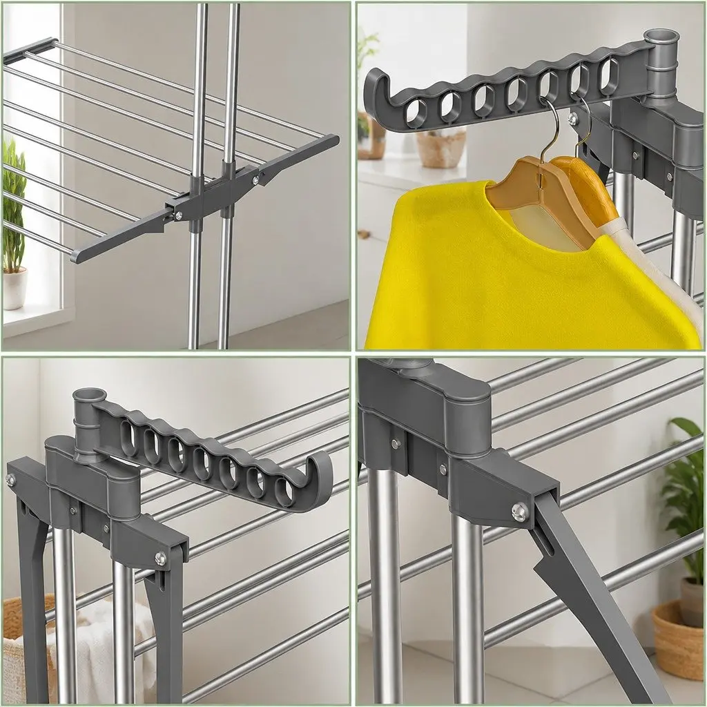 Folding Clothes Drying Rack White 4-Tier Adjustable Wings with Wheels