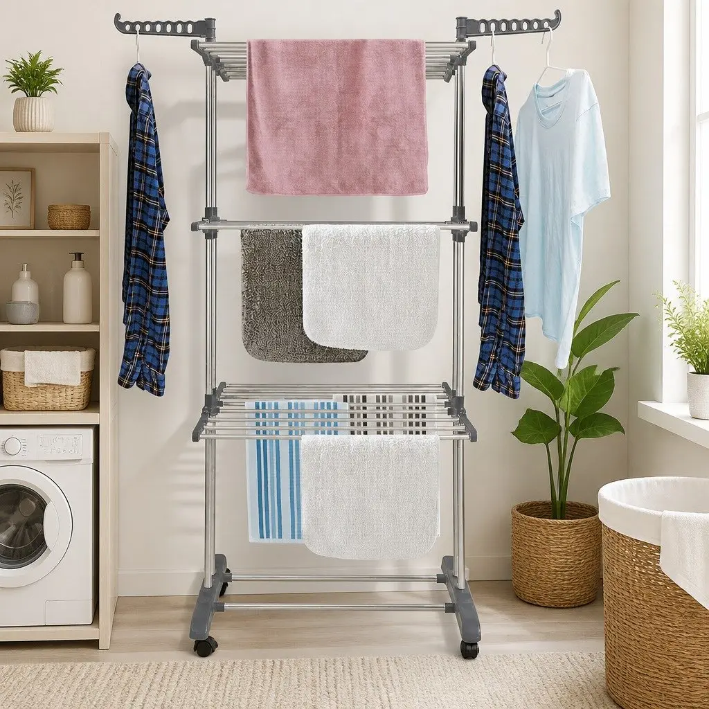 Folding Clothes Drying Rack White 4-Tier Adjustable Wings with Wheels
