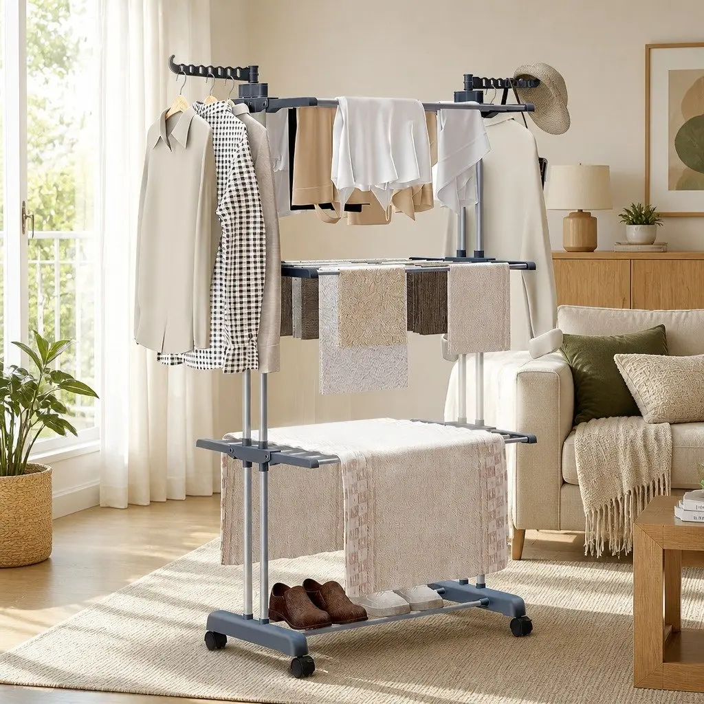 Folding Clothes Drying Rack White 4-Tier Adjustable Wings with Wheels