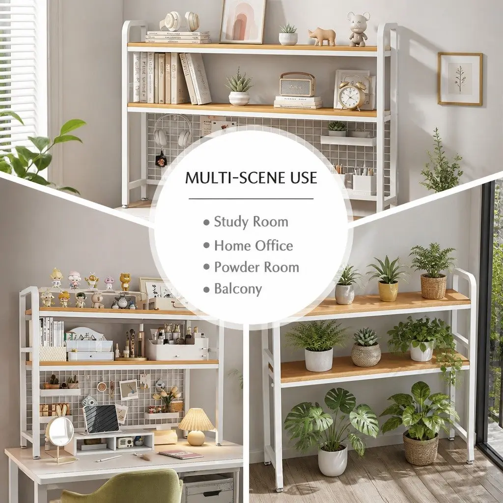 Desktop Hutch Bookshelf Black 2-Tier Metal Grid Panel Organizer for Computer Desk
