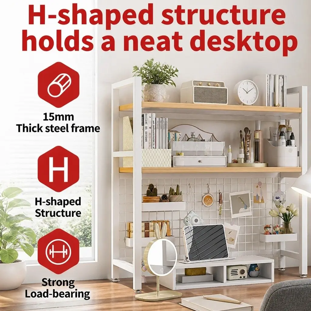 Desktop Hutch Bookshelf Black 2-Tier Metal Grid Panel Organizer for Computer Desk