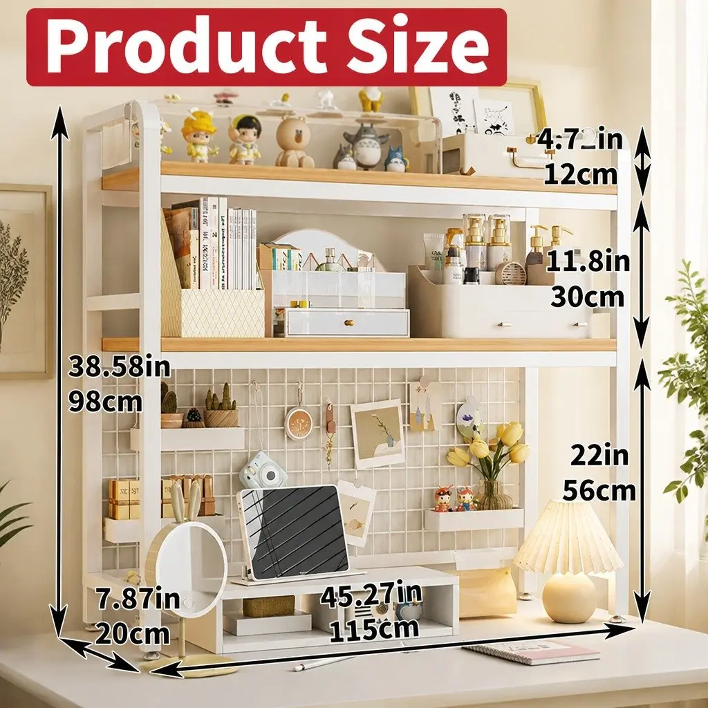 Desktop Hutch Bookshelf Black 2-Tier Metal Grid Panel Organizer for Computer Desk