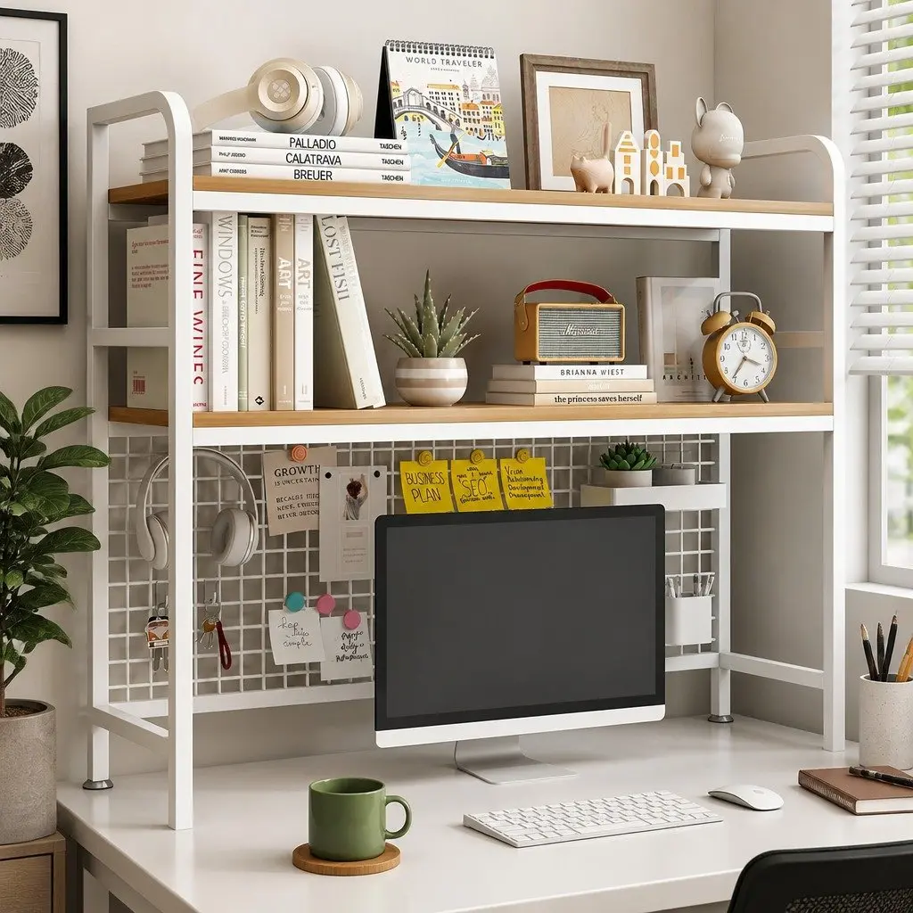 Desktop Hutch Bookshelf Black 2-Tier Metal Grid Panel Organizer for Computer Desk