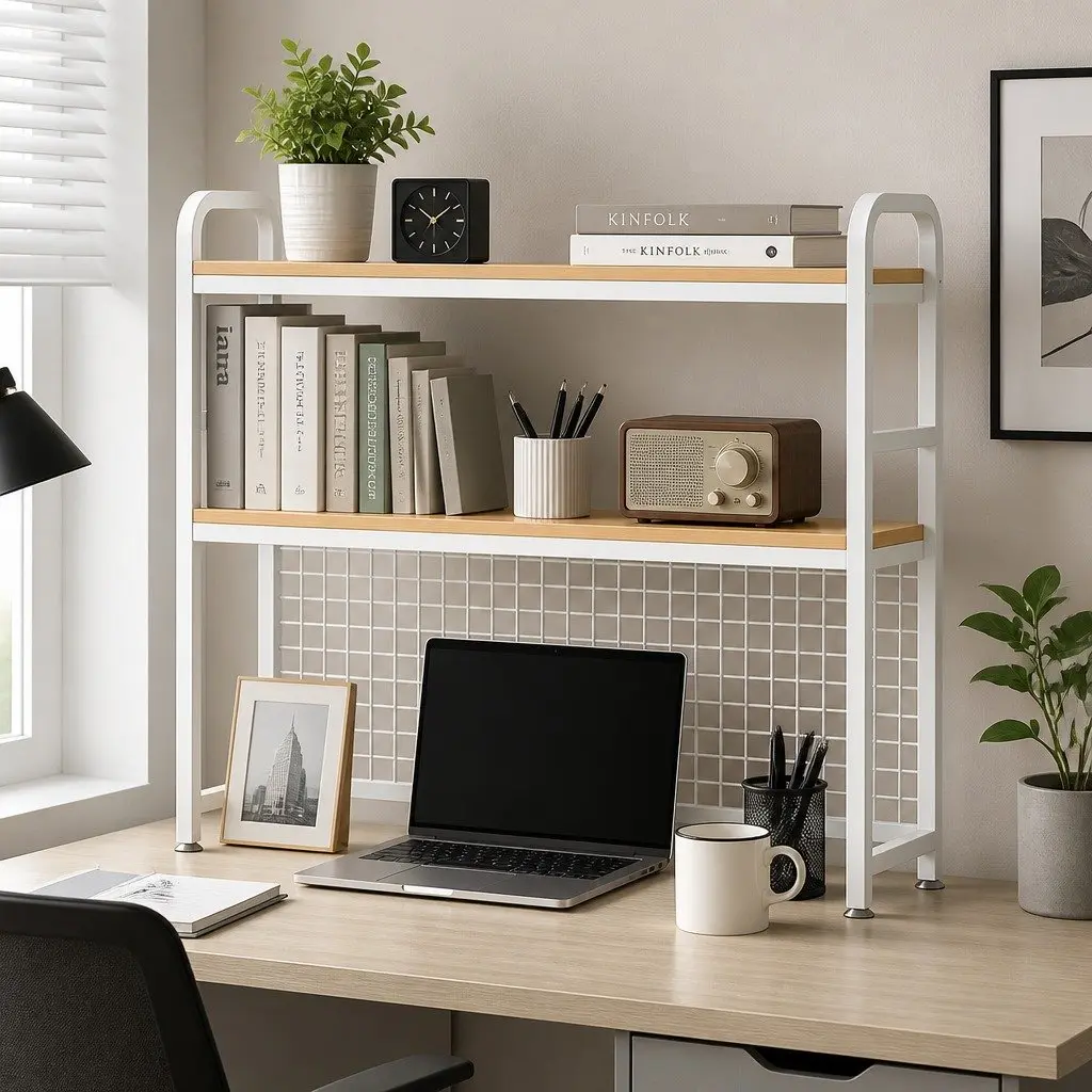 Desktop Hutch Bookshelf Black 2-Tier Metal Grid Panel Organizer for Computer Desk
