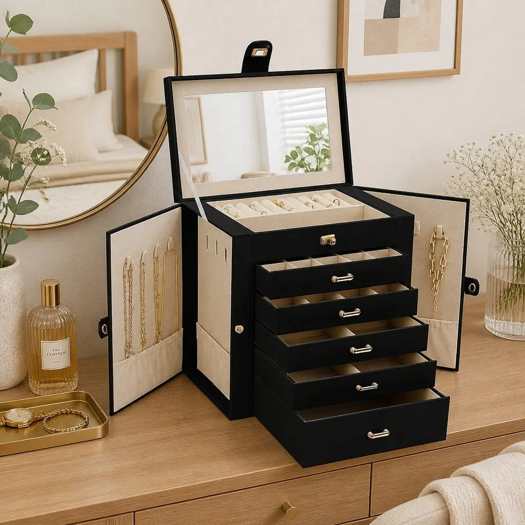 Jewelry Box Black 6 Drawers Mirror Lock Necklace Hooks Storage