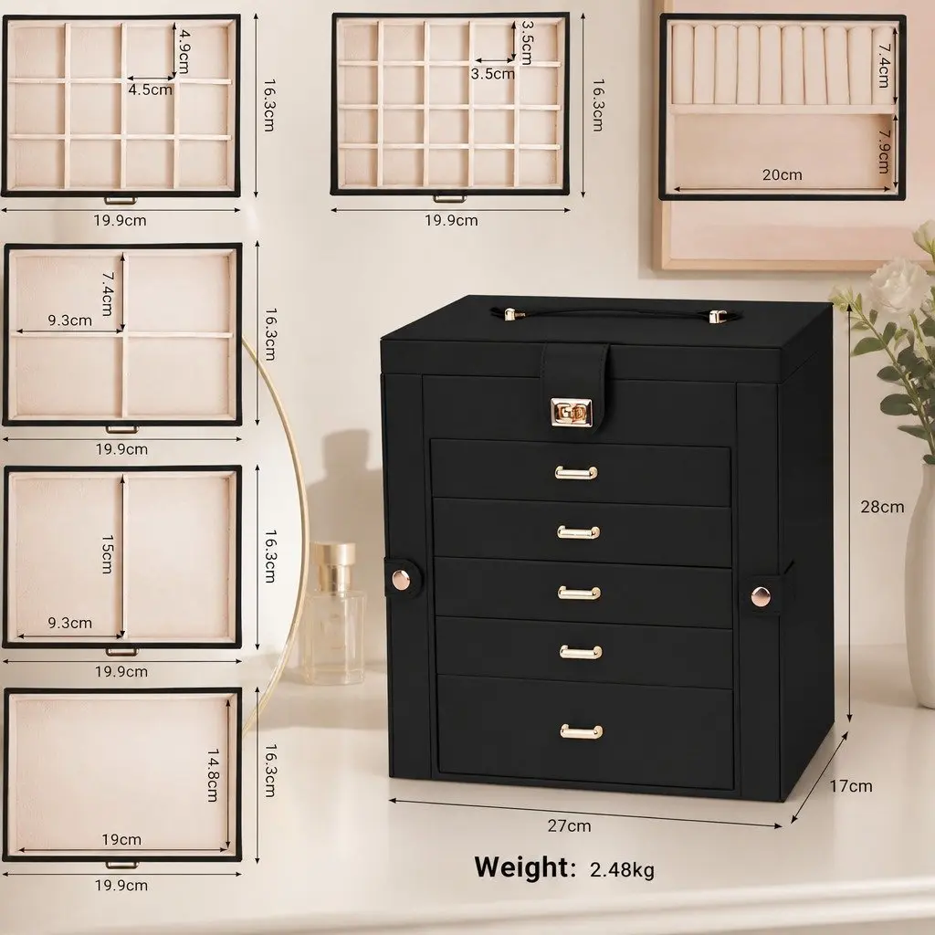 Jewelry Box Black 6 Drawers Mirror Lock Necklace Hooks Storage