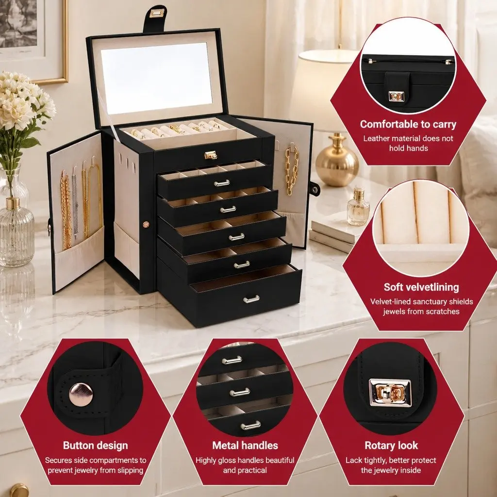 Jewelry Box Black 6 Drawers Mirror Lock Necklace Hooks Storage
