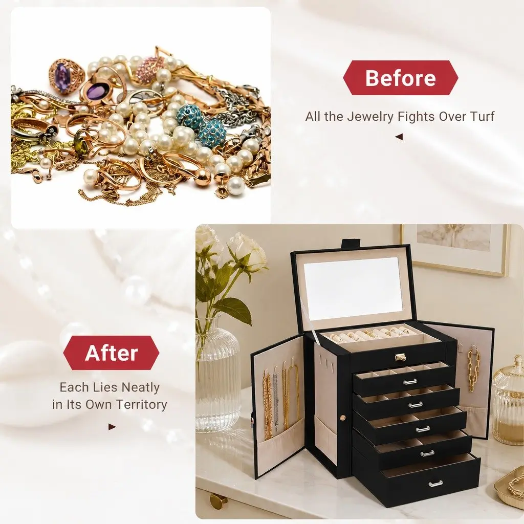 Jewelry Box Black 6 Drawers Mirror Lock Necklace Hooks Storage