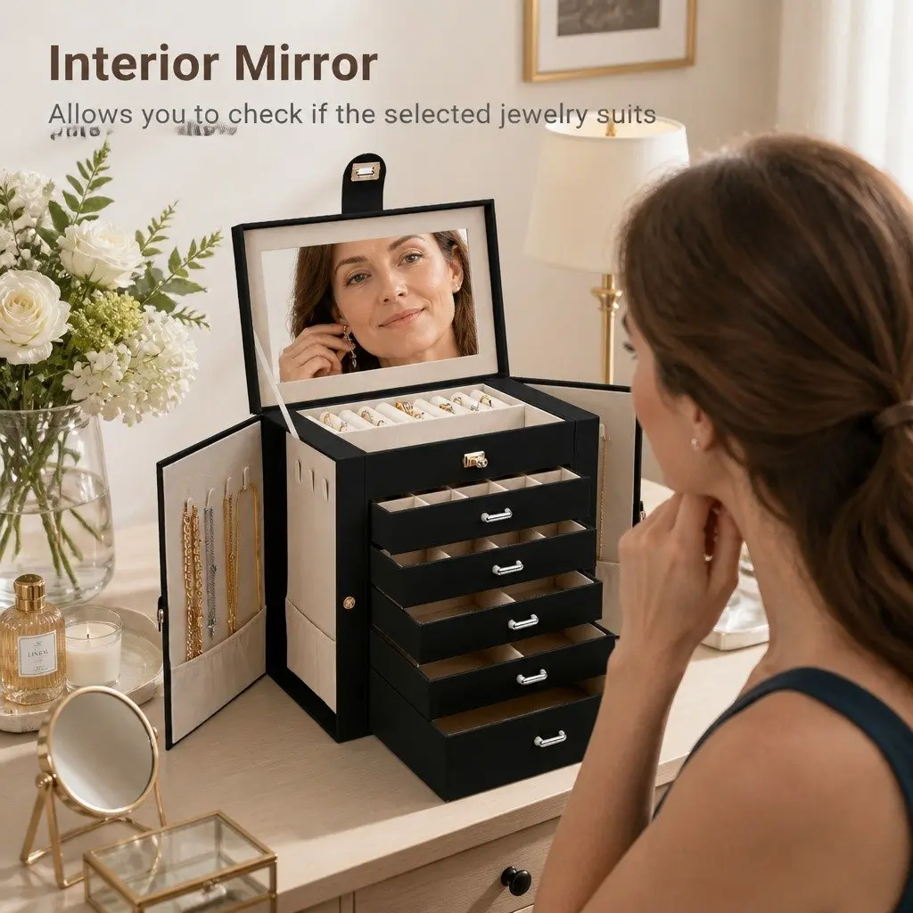 Jewelry Box Black 6 Drawers Mirror Lock Necklace Hooks Storage
