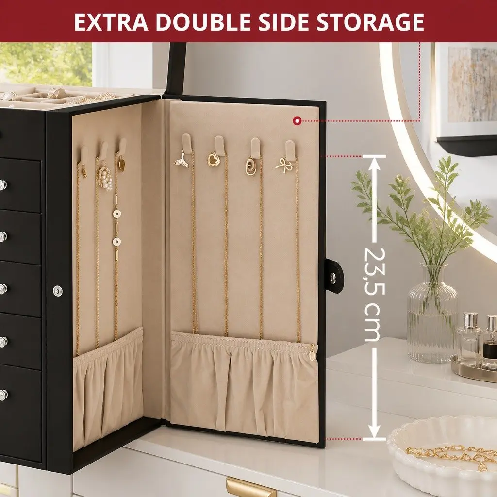 Jewelry Box Black 6 Drawers Mirror Lock Necklace Hooks Storage