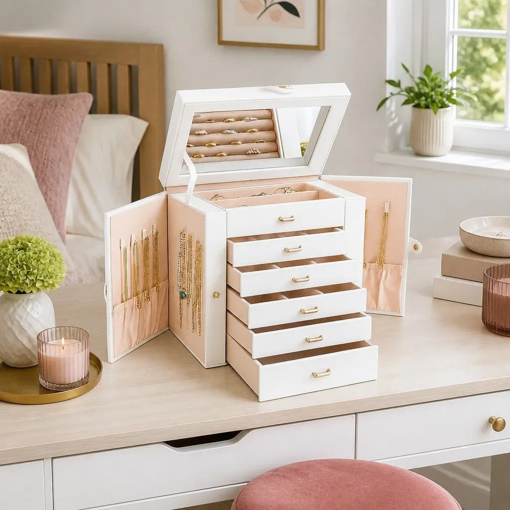 Jewelry Box White Large 6-Layer Organizer with Mirror Lock Necklace Hooks