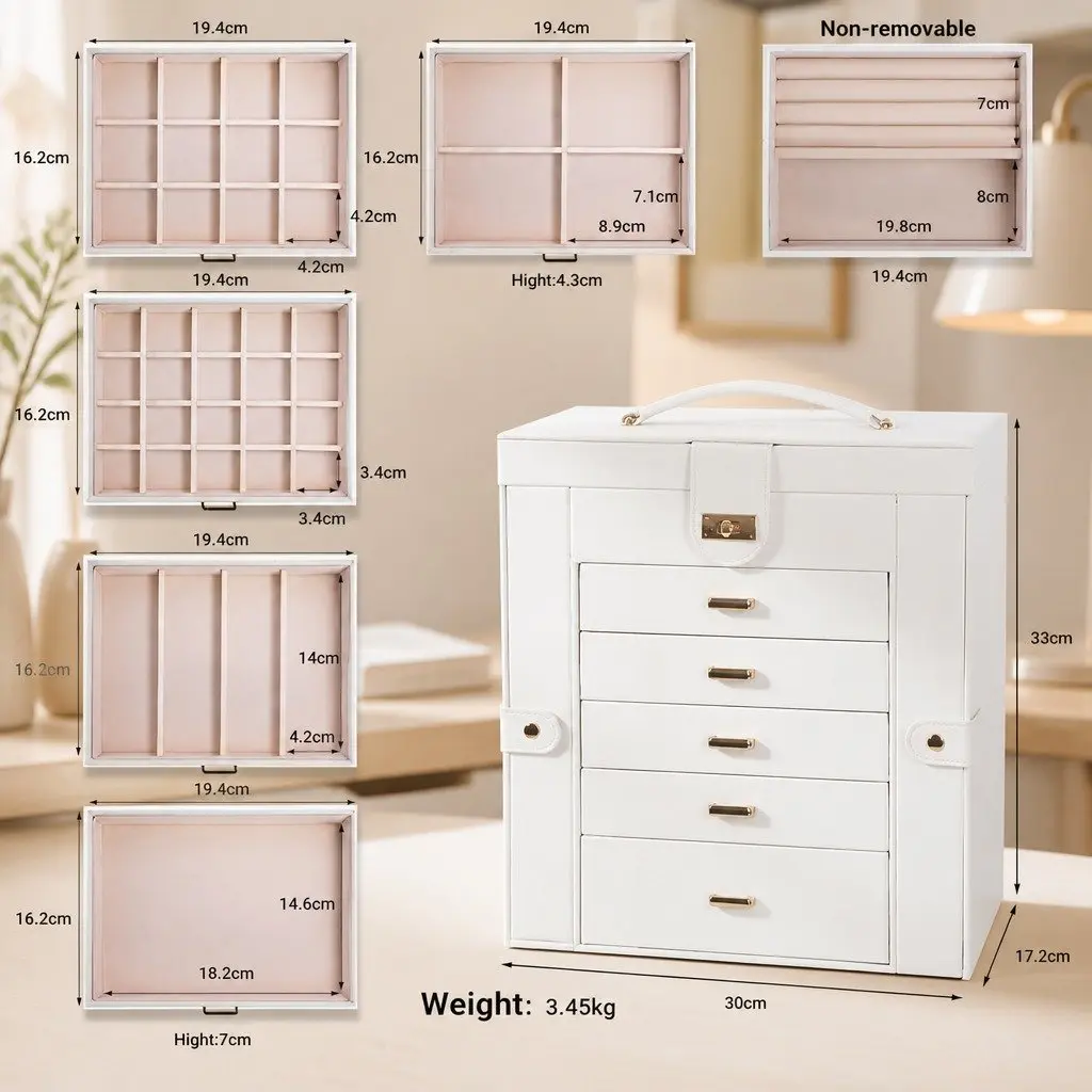 Jewelry Box White Large 6-Layer Organizer with Mirror Lock Necklace Hooks