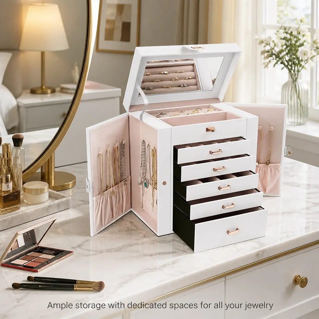 Jewelry Box White Large 6-Layer Organizer with Mirror Lock Necklace Hooks