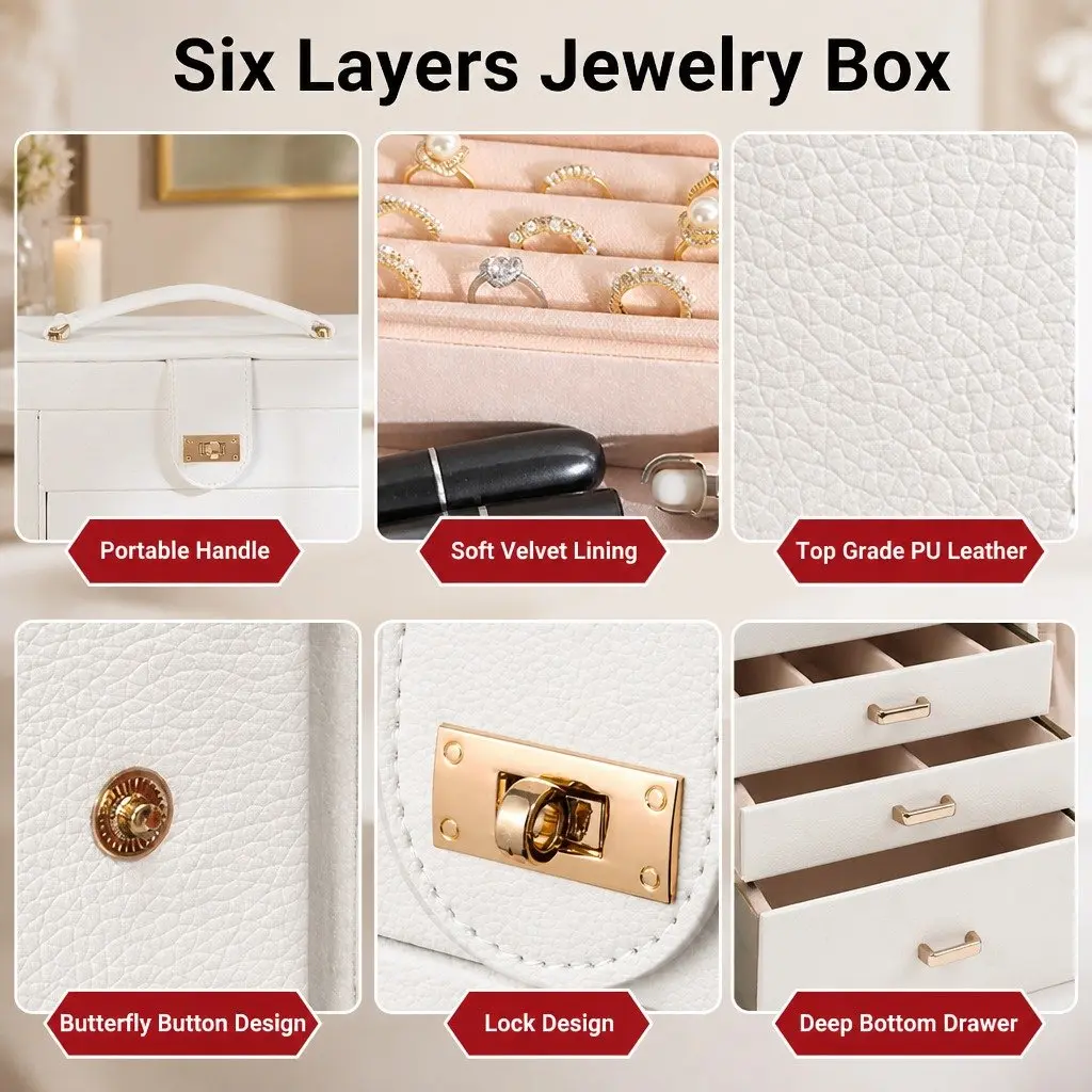 Jewelry Box White Large 6-Layer Organizer with Mirror Lock Necklace Hooks