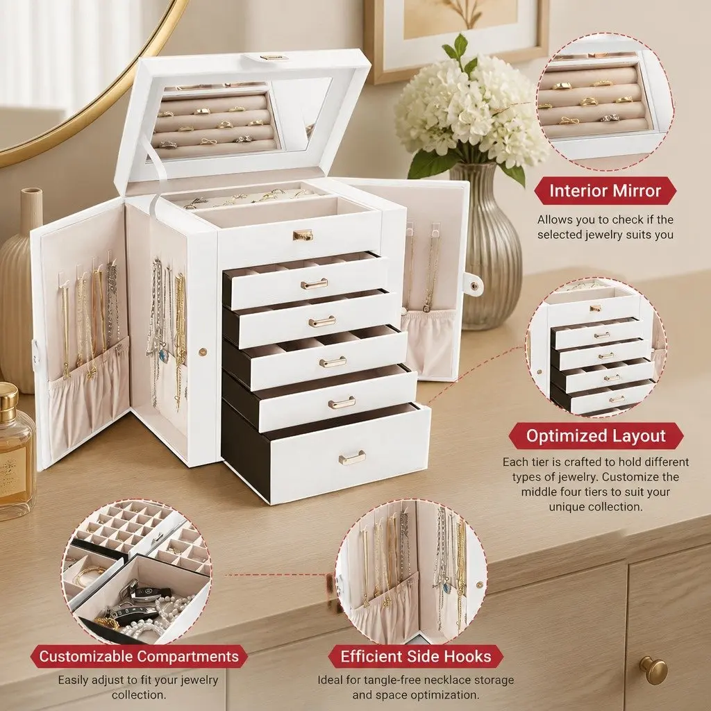 Jewelry Box White Large 6-Layer Organizer with Mirror Lock Necklace Hooks