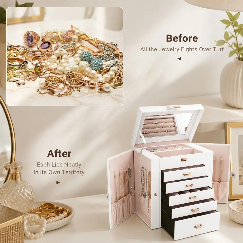 Jewelry Box White Large 6-Layer Organizer with Mirror Lock Necklace Hooks