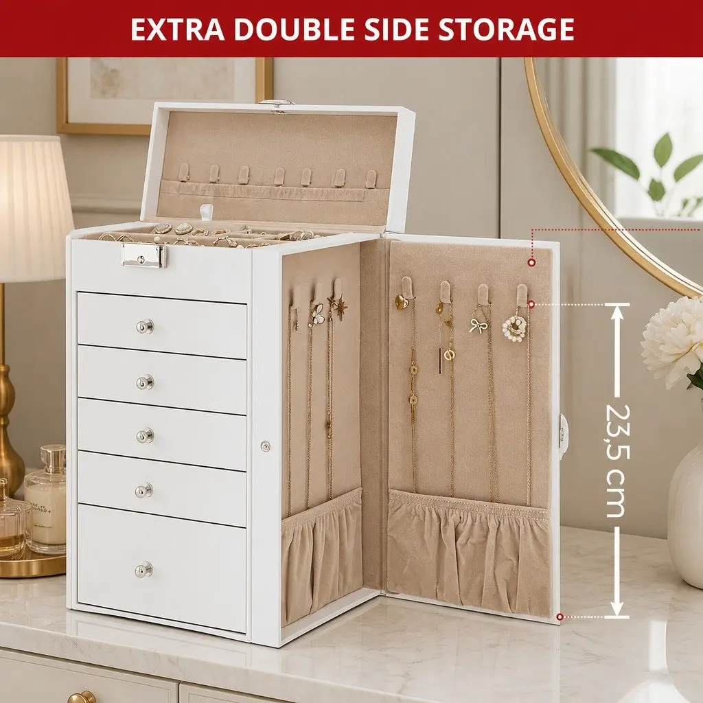 Jewelry Box White Large 6-Layer Organizer with Mirror Lock Necklace Hooks