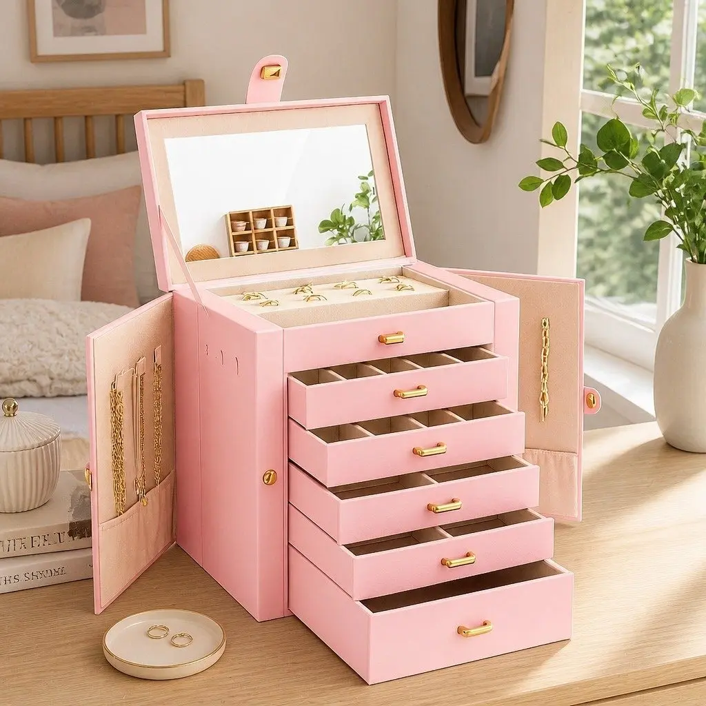 Jewelry Box Pink 6-Layer with Drawers Mirror Lock Necklace Hooks Side Compartments