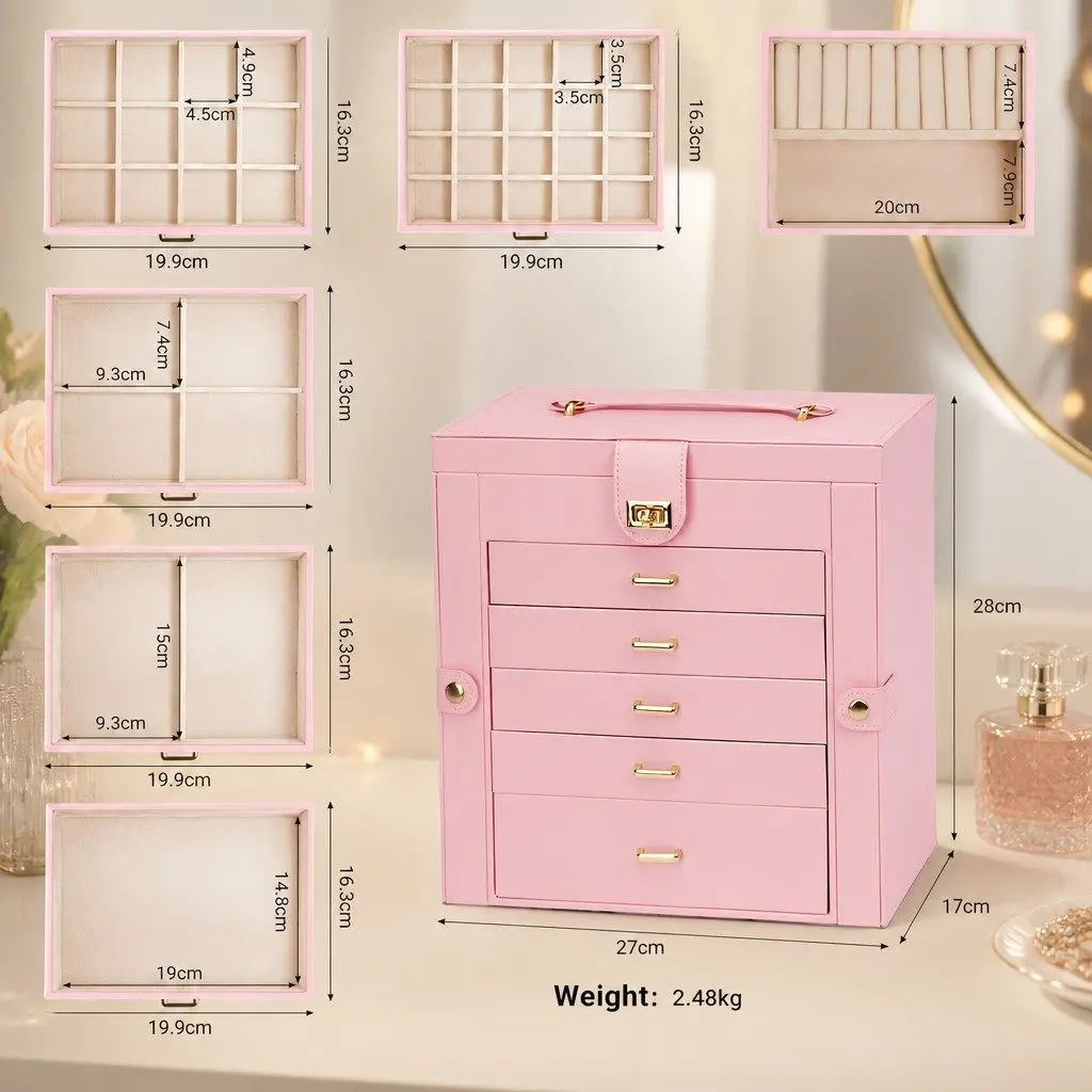 Jewelry Box Pink 6-Layer with Drawers Mirror Lock Necklace Hooks Side Compartments