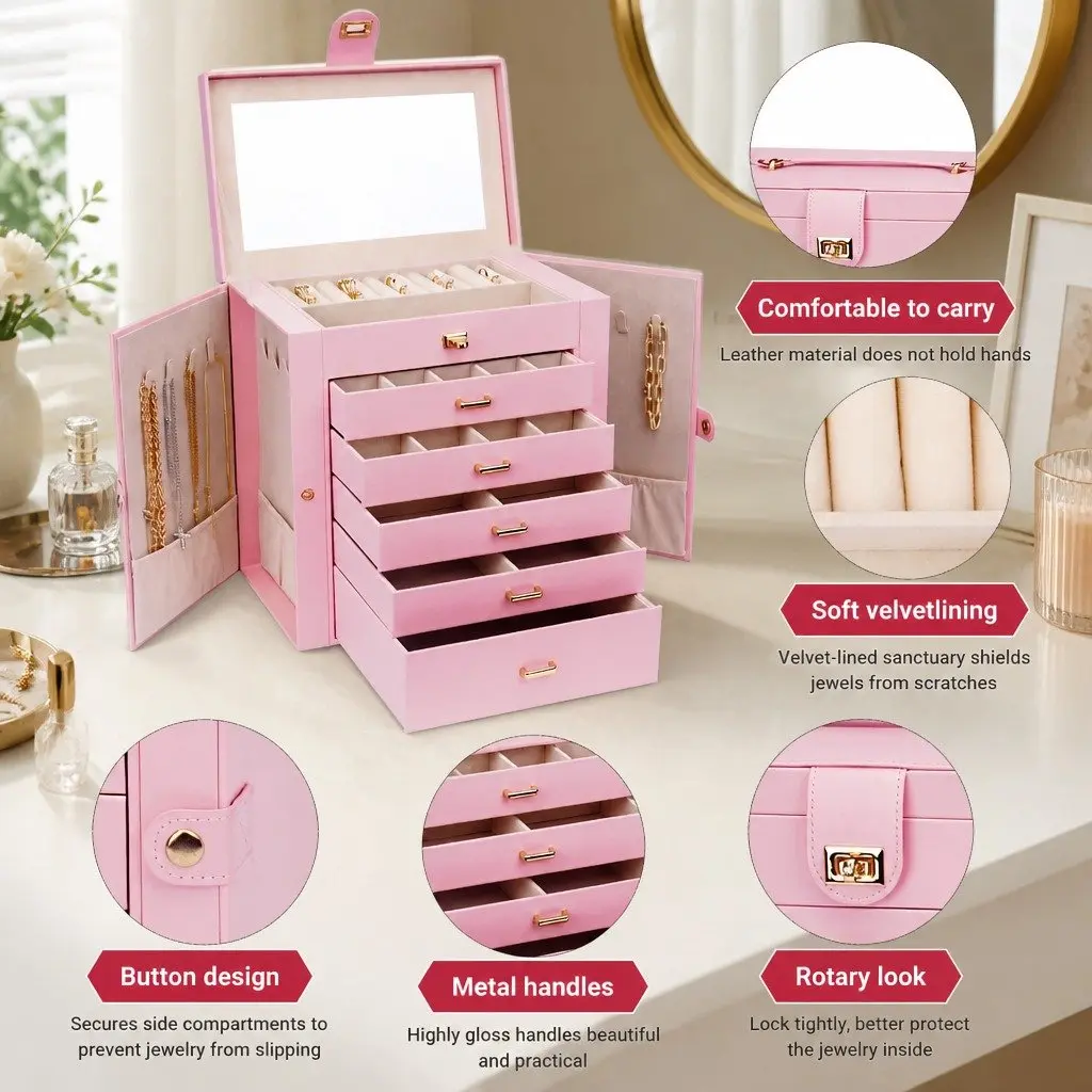 Jewelry Box Pink 6-Layer with Drawers Mirror Lock Necklace Hooks Side Compartments