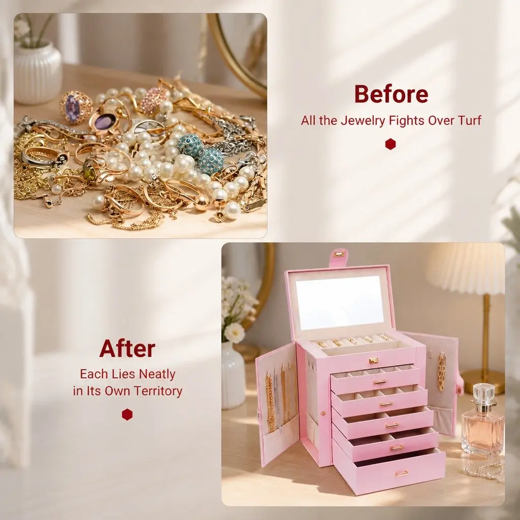 Jewelry Box Pink 6-Layer with Drawers Mirror Lock Necklace Hooks Side Compartments