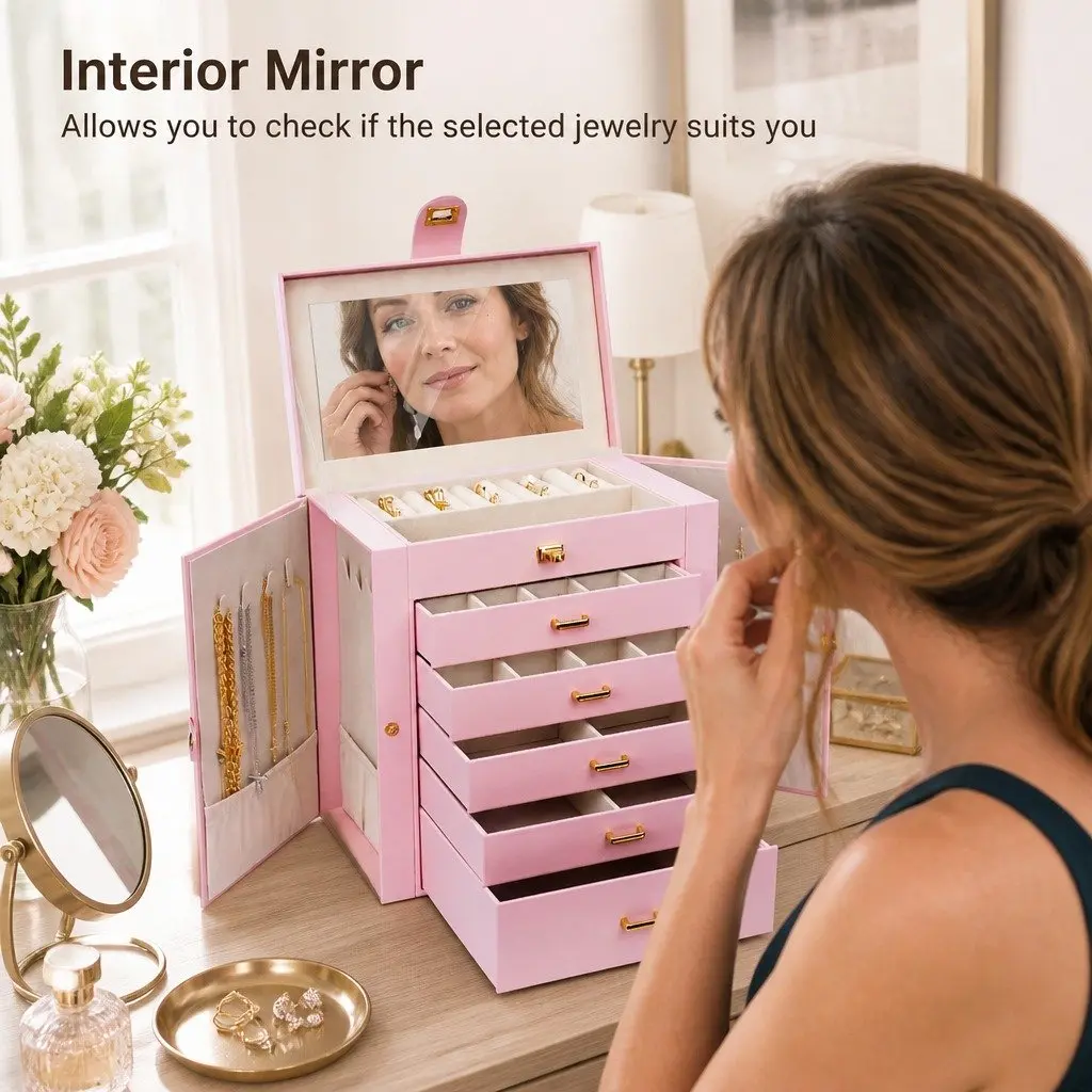 Jewelry Box Pink 6-Layer with Drawers Mirror Lock Necklace Hooks Side Compartments